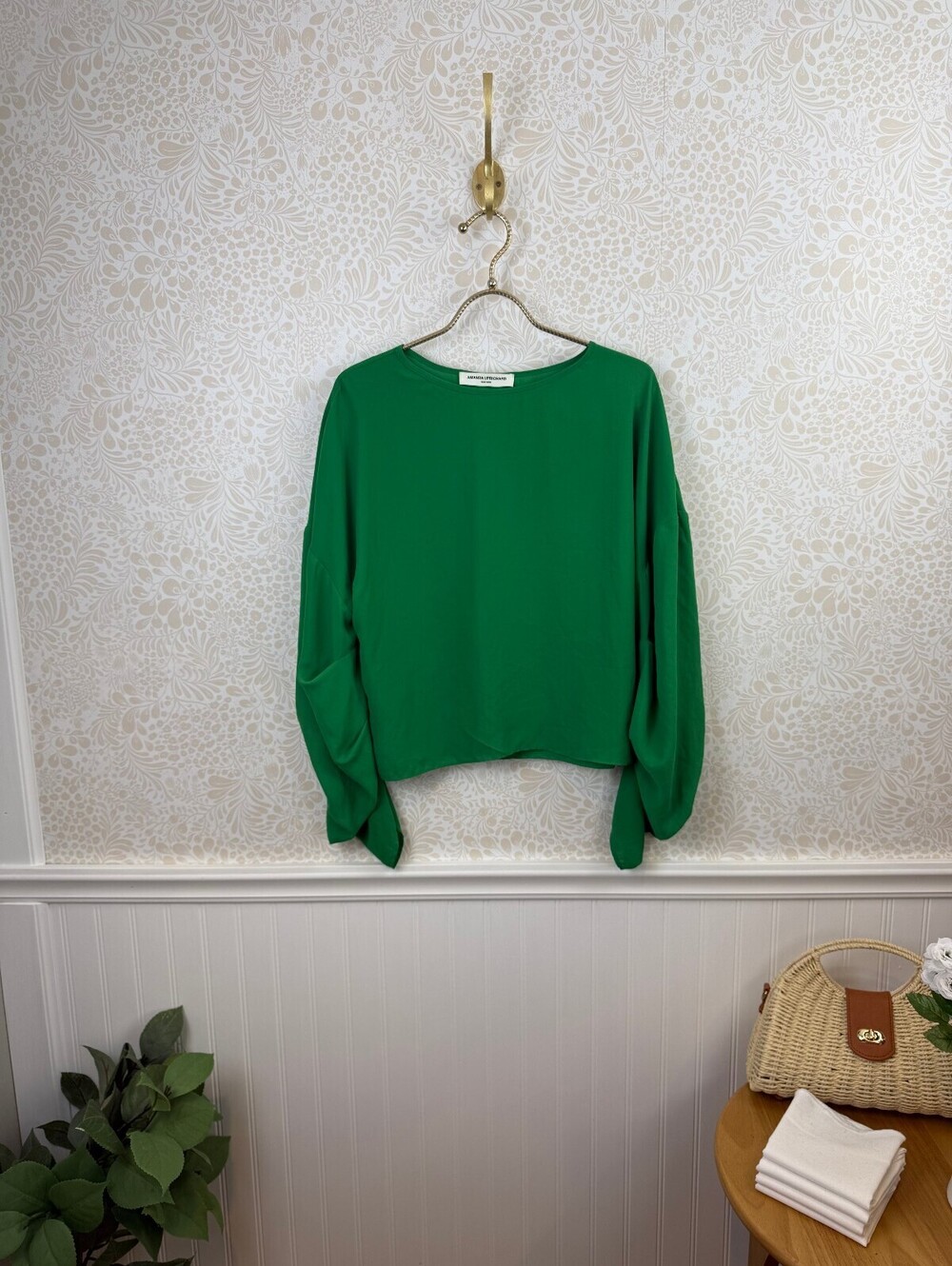 Amanda Uprichard Kelly Green Ruched Long Sleeve Blouse - Size - Small